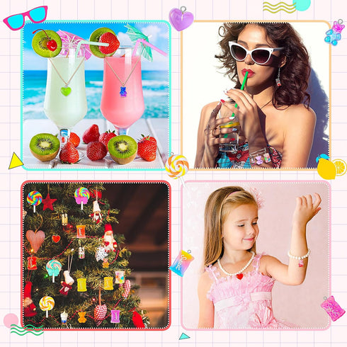 Yinkin 82 Pieces Candy Pendant Charm for Jewelry Making, Includes 24 Resin Candy Pendant, 22 DIY Bear Charms, 14 Gummy Heart Charms, 10 Lollipop P...