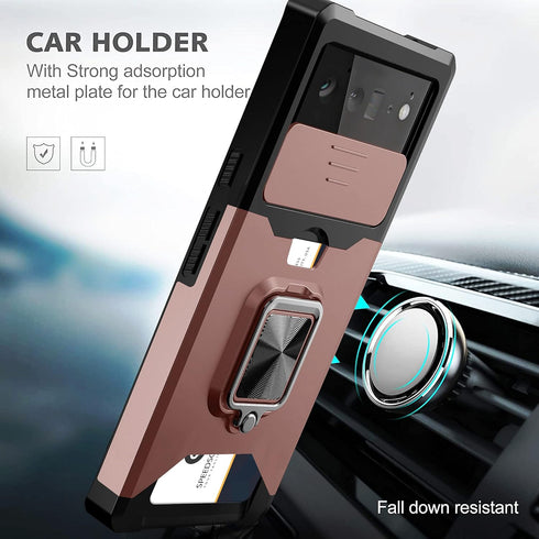 Compatible for Google Pixel 6 2021 Case (Not for 6P) with Camera Cover & Kickstand, Slide Lens Cover+Rotate Ring Stand+Card Holder, Impact-Resista...