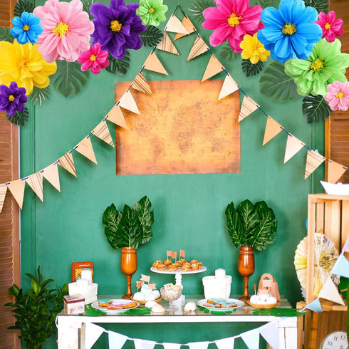 42 Pcs Tissue Paper Flowers Faux Palm Leaves Set 12 Pcs 20''/10'' Colorful Giant Paper Flowers and 30 Pcs Tropical Leaves for Summer Hawaiian Luau...