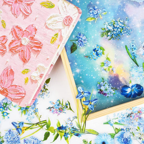 EAMOTOL Vintage Aesthetic Floral Journals Stickers - 100PCS PET Transparent Blue Flowers Plant Materials Scrapbooking Supplies for Daily Planner B...