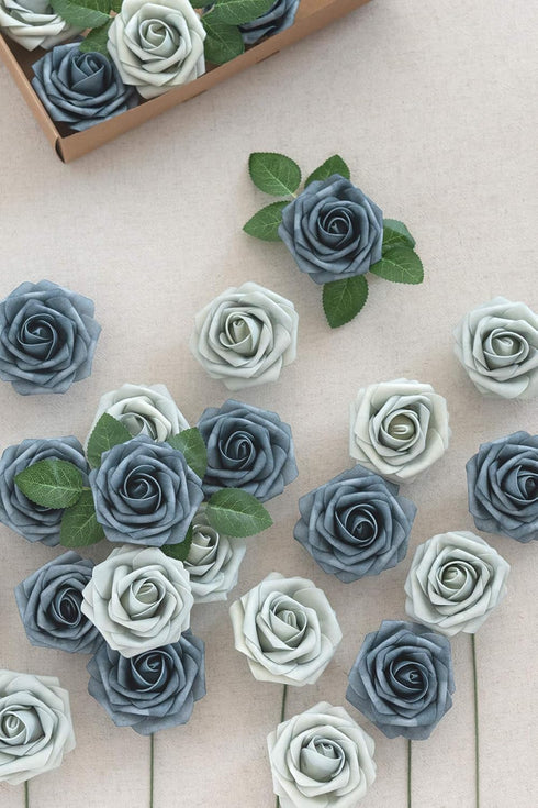 Ling's Moment Artificial Flowers 50Pcs Dusty Blue & Navy Roses Decor w/Stems,3" Real Touch DIY Foam Floral for Wedding Bouquet/Centerpieces, Outdo...