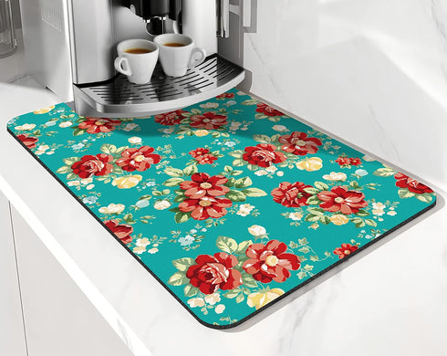 Coffee Bar Mat Accessories for Countertop Pioneer Flower Absorbent Hide Stain Rubber Backed Dish Drying Mats for Kitchen Counter Draining Pad Deco...