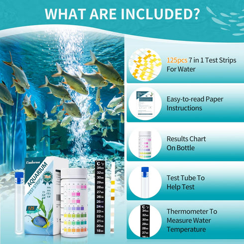 7 in 1 Aquarium Test Kit for Freshwater and Saltwater - 125 Aquarium Test Strips with Test Tube & Thermometer - Fast & Accurate Water Testing Stri...