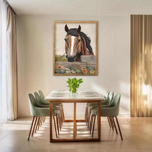 Posterizer 1 pcs- Beautiful brown horse in a stable with flowers-Art for Animal Lovers-Floral Botanical Art- Gift for Men Women Teens-Living Room...