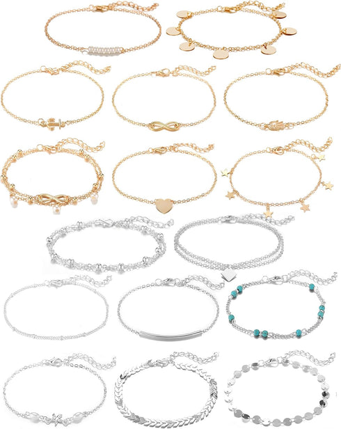 Softones 16Pcs Ankle Bracelets for Women Gold Silver Two Style Chain Beach Anklet Bracelet Jewelry Anklet Set,Adjustable Size...