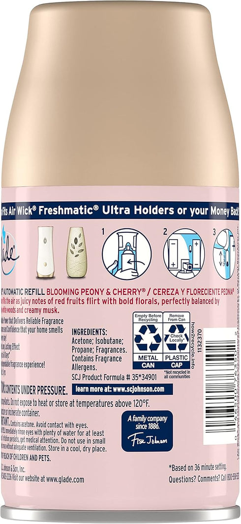 Glade Automatic Spray Refill, Air Freshener for Home and Bathroom, Blooming Peony & Cherry, 6.2 Oz...