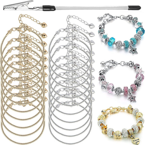 20 Pieces Snake Chain Charm Bracelet with Bracelet Helper Adjustable Snake Charm Bracelet Chains with Heart Lobster Clasp Extender Chain DIY Brace...