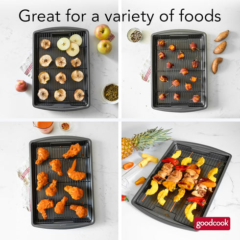 GoodCook 15” x 10.5” Nonstick Carbon Steel Baking Pan & Raised Wire Rack – Pizza Crisper, Crispy Bacon, Multipurpose Cooking Sheet Pan, Cooling Ra...