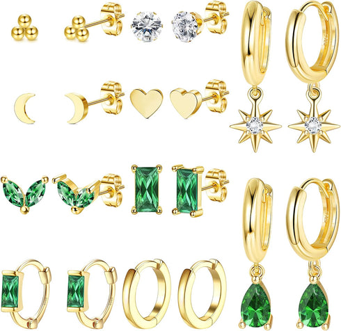 HAIAISO 10 Pairs 14K Gold Plated Huggies Hoop Studs Earrings for Women Small Dangle Hoop Earrings Gold Green Earrings Set for Multiple Piercing...