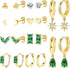HAIAISO 10 Pairs 14K Gold Plated Huggies Hoop Studs Earrings for Women Small Dangle Hoop Earrings Gold Green Earrings Set for Multiple Piercing...