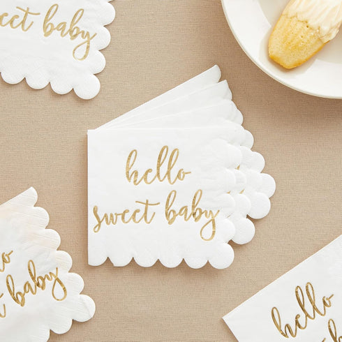 50 Pack 5x5 Inch White Scalloped Napkins with Gold Foil Hello Sweet Baby - Gender Neutral Baby Shower Napkins & Table Decor for Boy Girl Sprinkle ...