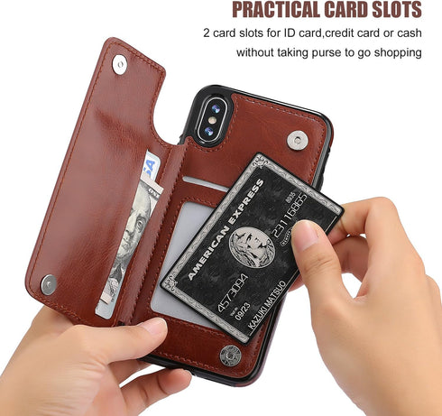iPhone Xs iPhone X Wallet Case with Card Holder, Premium PU Leather Kickstand Card Slots Case,Double Magnetic Clasp and Durable Shockproof Cover(B...