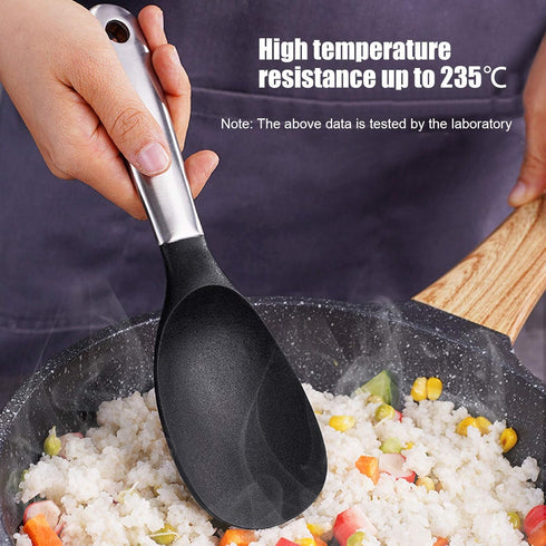 Rice Spoon, Silicone Rice Paddle Nonstick Rice Serving Spoon Stainless Steel Heat-Resistant Pan Cooking Utensil Rice Scoop with Hanging Hole for R...