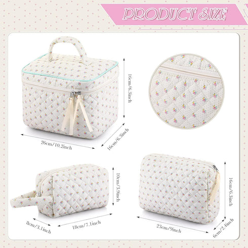 3 Pieces Cotton Quilted Makeup Bag Set Coquette Cosmetic Bag Aesthetic Travel Toiletry Bags Cute Pouch Kawaii Aesthetic for Women (Little Flower)...