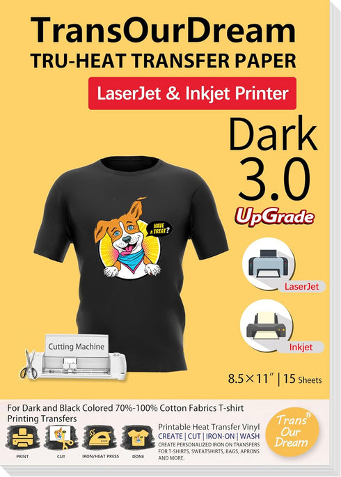 TransOurDream Tru-Heat Transfer Paper for Inkjet & Laserjet Printer (Dark 3.0, 15 Sheets 8.5x11") Printable HTV Heat Transfer Vinyl for T Shirts I...