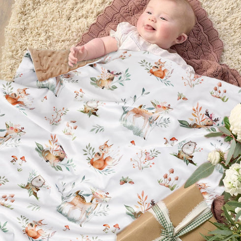 Baby Blankets for Boys Girls, Super Soft Nursery Minky Toddler Blankets with Woodland Animals and Leaves Design Dotted Fleece Backing, Warm Bed Bl...