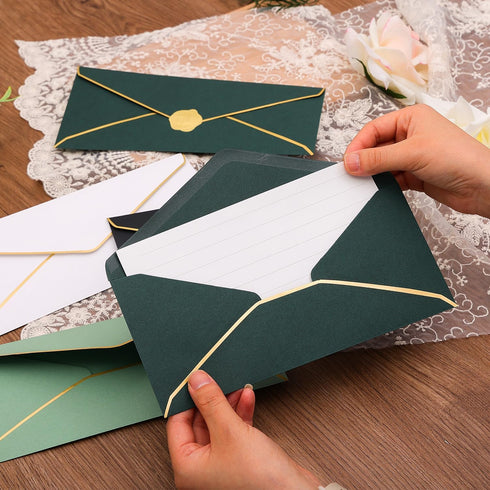 50 pcs Sage Green Business Envelope with V-Flap, Gold Border & Golden Sticker, 10 Self Adhesive Envelopes for Office, Checks, Letter Mailing, Invo...