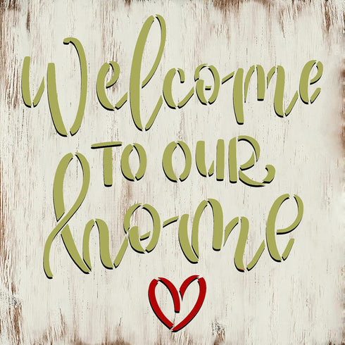 Welcome to Our Home with Heart Stencil by StudioR12 | Craft DIY Farmhouse Home Decor | Paint Family Wood Sign | Reusable Mylar Template | Select S...