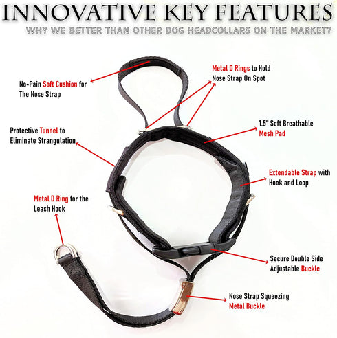PetsProMax - Dog Headcollar for Pulling and Reactive Dogs; Behind Head Dog Leash Hook Lets You Walk Peacefully; Instantly Stops Your Dog Pulling. ...