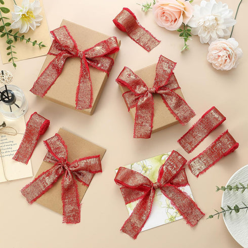 Pretty Jolly Shimmery Red Chiffon Ribbon for Gift Wrapping Handmade Frayed Fringe Silk Ribbon for Flower Bouquet Total 20 Yards 1 1/2 Inch Ribbons...