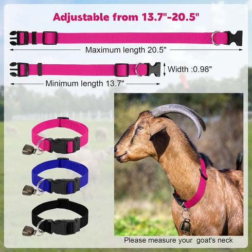 Goat Collars with Bell, 3 Pack Adjustable Sheep Collars with Quick Release Buckle Anti-Loss Bell, Durable Nylon pet Collar for Small Farm Goat Cow...