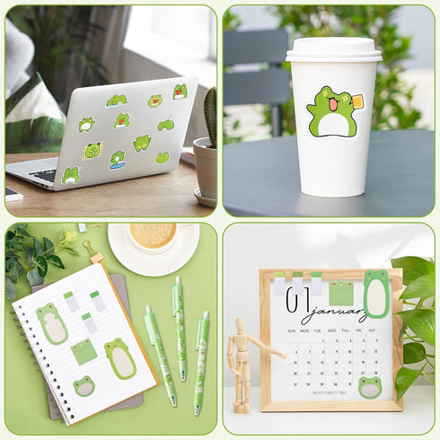 57Pcs Frog Sticky Notes with Pen Stickers Stationery Set 0.5mm Black Gel Ballpoint Pens Frog Self-Stick Notes Pads Cartoon Frog Vinyl Stickers Bac...