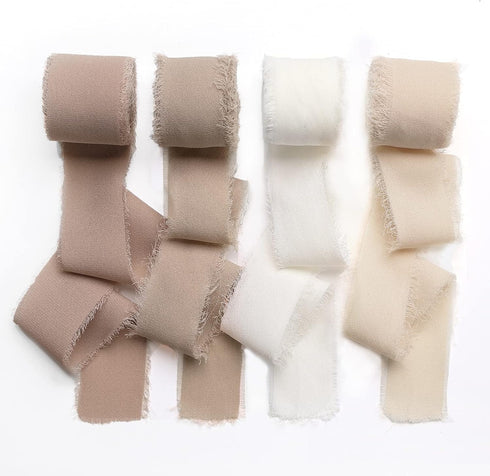 Handmade Fringe Chiffon Silk Ribbon 4 Rolls/1" x 5Yd Per Roll,Nude & Cream Frayed Edges Ribbons Set (1"x20Yd, Nude&Cream)...