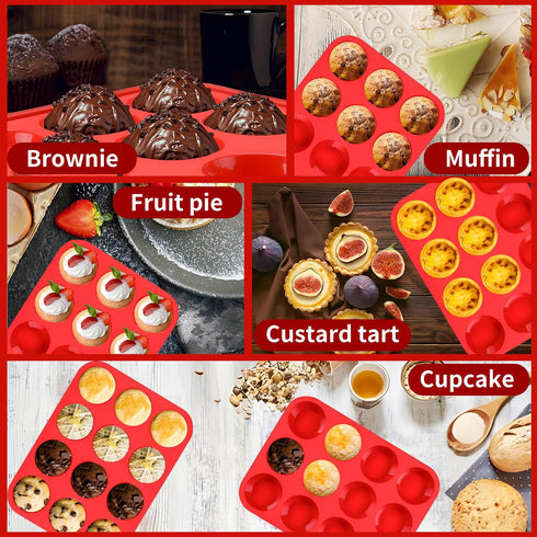 2PCS Thicken-12 Cup Silicone Muffin Pan - Cupcake Baking Pan Great for Making Muffin Cakes, Tart, Bread -Non - Stick Silicone Mold/Dishwasher - Mi...