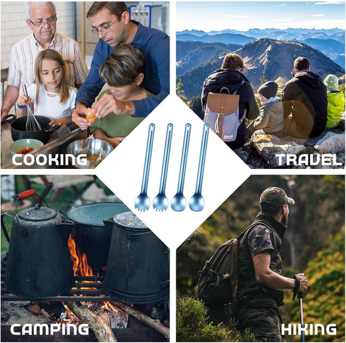4 Pieces Titanium Long Handle Spork and Spoon 8.4 Inch Ultralight Portable Flatware Lightweight Soup Spoon Camping Spork Utensil for Outdoor Campi...