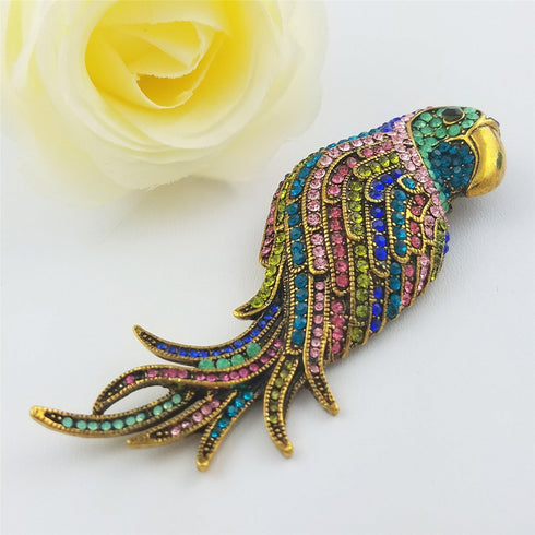 SELOVO Multicolor Crystal Animal Big Large Parrot Bird Brooch Pin Gold Tone...