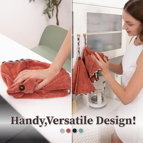 myHomeBody Hand Towels with Hanging Loops, Absorbent Charcoal Fiber Cleaning Clothes with Coconut Shell Button for Kitchen, Round Shape, Set of 2,...