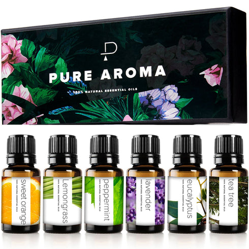 Essential Oils Set by Pure Aroma - Top 6 Aromatherapy Oils Gift Set-6 Pack, 10ml (Eucalyptus, Lavender, Lemongrass, Sweet Orange, Peppermint, Tea ...