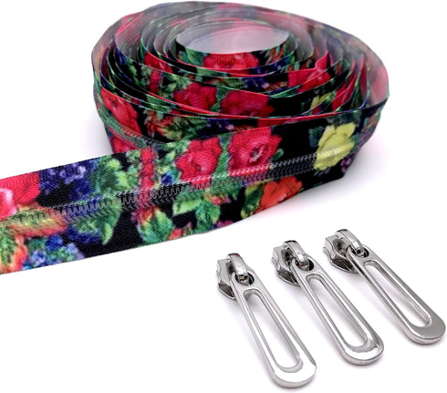Goyunwell #5 Zippers by The Yard Nylon Coil Long Zippers for Sewing 5 Yard Zipper Tape with Rose Flower Pattern and 10pcs Silver Zipper Pulls for ...