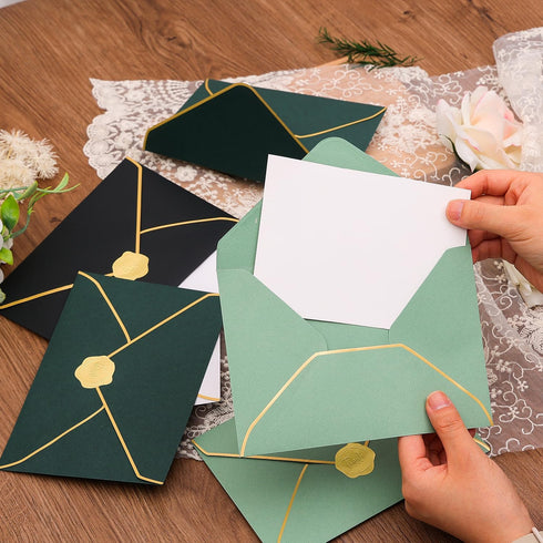 50 pcs Sage Green Envelope with V-Flap, Gold Border & Golden Sticker, 5 x 7 Self Adhesive Envelopes for Office, Invitation, Wedding, Graduation...