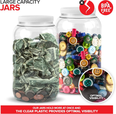 Stock Your Home 1 Gallon Clear Plastic Jars with Lids (2 Pack) 128 oz Wide Mouth Large Jar with Lid, Big Container for Candy, Cookies, Arts & Craf...