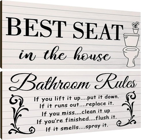 Jetec 2 Pieces Funny Bathroom Pictures Wall Sign Decor Farmhouse Bathroom Rule Wall Art Toilet Rustic Decoration Best Seat Wooden Sign(Simple Styl...