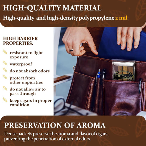 Clear Printed Fine Cigars Cigar Bags Plastic, 3 x 10 Inches. 100 Pack Reclosable Zipper Bags for Cigars. Polyethylene Cigar Travel Bag, 2 Mil. Sma...