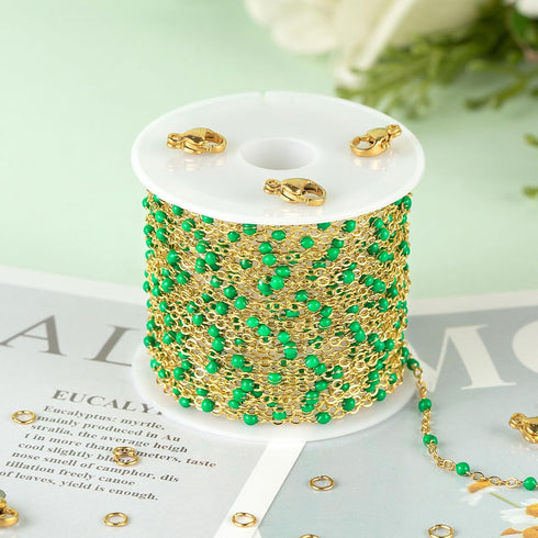 KYUNHOO 16.4 Feet Gold Plated Jewelry Chain Roll Stainless Steel Cable Chain Links Green Bead Rosary Chains with Jewelry Findings for Necklace Bra...