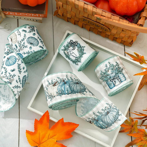 Fall Wired Edge Ribbon 24 Yards Blue Pumpkin Eucalyptus Leaves Craft Fabric Ribbon Autumn Plaids Decorative Ribbon for Thanksgiving Harvest Wreath...