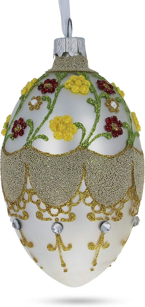 Multicolor Flowers On White Glass Egg Ornament 4 Inches...