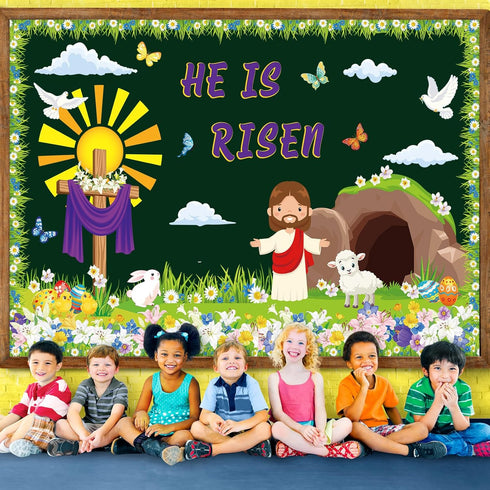 74 Pcs Christian Easter Bulletin Board Decorations Set Easter Bunny Egg Flower Paper Cutouts with Border He Is Risen Classroom Decor for Home Nurs...