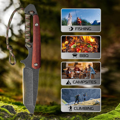 8.58 inch outdoor straight blade, full handle fixed blade, wooden handle hunting knife with sheath, used for camping, hiking, and survival...