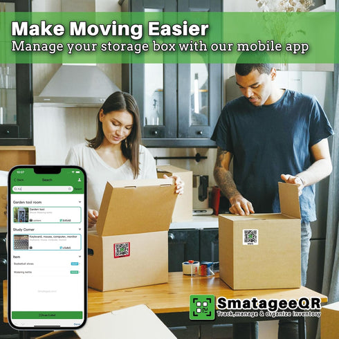QR Code Labels for Storage Bins,Office Organization,Moving Containers,Inventory Organizer | Pack and Track on iOS,Android App| 60 Unique Coded Sti...