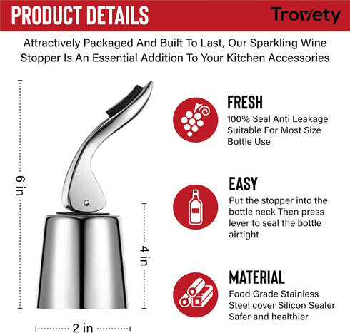 Wine Stopper Bottle Champagne Saver – Elegant Stainless Steel and Silicone Wine Saver Seals Out Air and Prevents Spills – Reusable, Expandable Bot...
