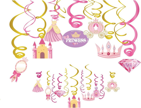 30Ct Princess Hanging Swirl Decorations, Cinderella Party Supplies, Little Royal Queen Birthday Theme Pink Decor for Boy Girl Fairytale Baby Showe...
