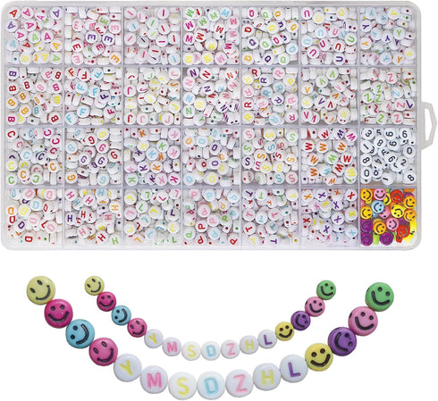 Alphabet Beads A-Z 1400Pcs Letter Beads, Acrylic 4x7mm Round Letter Beads Kits,Black Digit and Colorful Smile Beads for Bracelets Necklaces DIY Je...