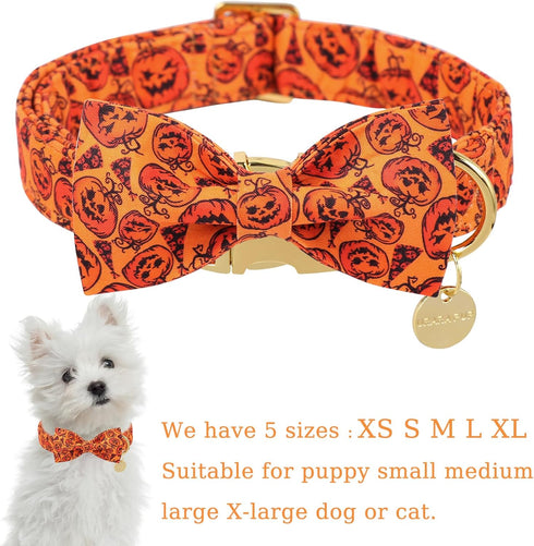 Halloween Dog Collar with Bow Tie, Pumpkin Cotton Bowtie Collar for Puppy Girl Dog or Cat, Halloween Bow Tie Collar with Durable Metal Buckle, Ado...