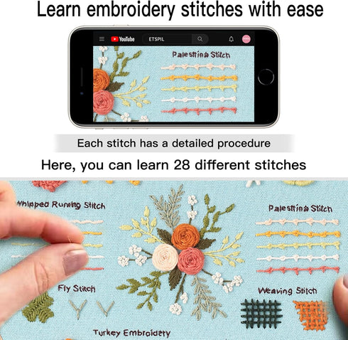 UXORSN 3 Sets Embroidery Kit for Beginners Adults Learn 30 Different Stitches Cross Stitch Starter Kits Including Fabric with Stamped Flower Patte...