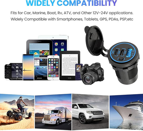 12V USB C Outlet, Two USB-C PD 20W Power Socket and 18W QC3.0 Socket Waterproof Power Outlet 12V/24V with Power Switch for Car Golf Cart Boat Mari...