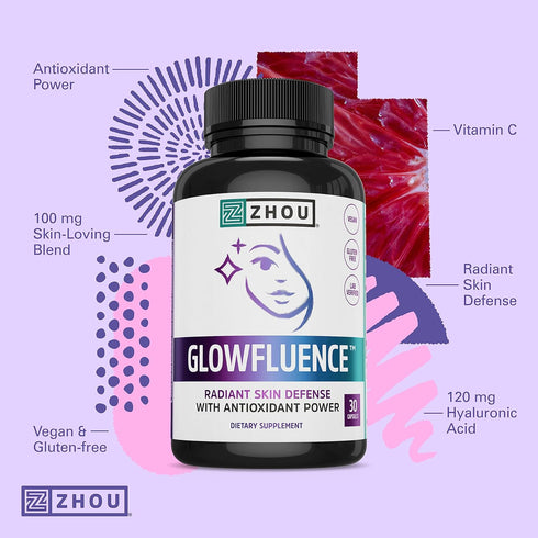 Zhou Glowfluence Hyaluronic Acid Supplement with Vitamin C and Antioxidants, Skin Elasticity and Firmness Support for Youthful Radiant Skin, Blend...